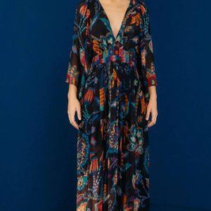 🍃 FARM RIO Black Sunset Tapestry Kaftan Dress EUC